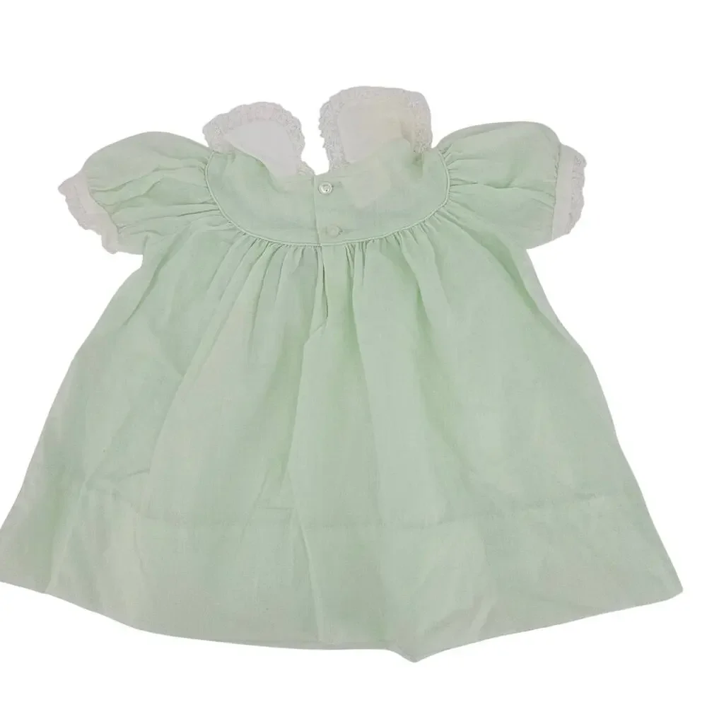 Vintage Polly Flinders Green Hand Smocked Dress Lace Trim NB 0-3 mo cottage 4036